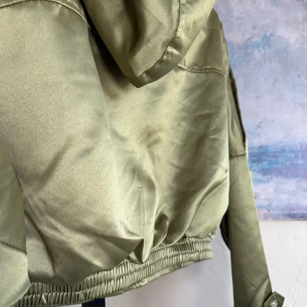 New Pretty Little Thing Womens Satin Oversized Hooded Bomber Jacket Sage Green 6 - Picture 8 of 9